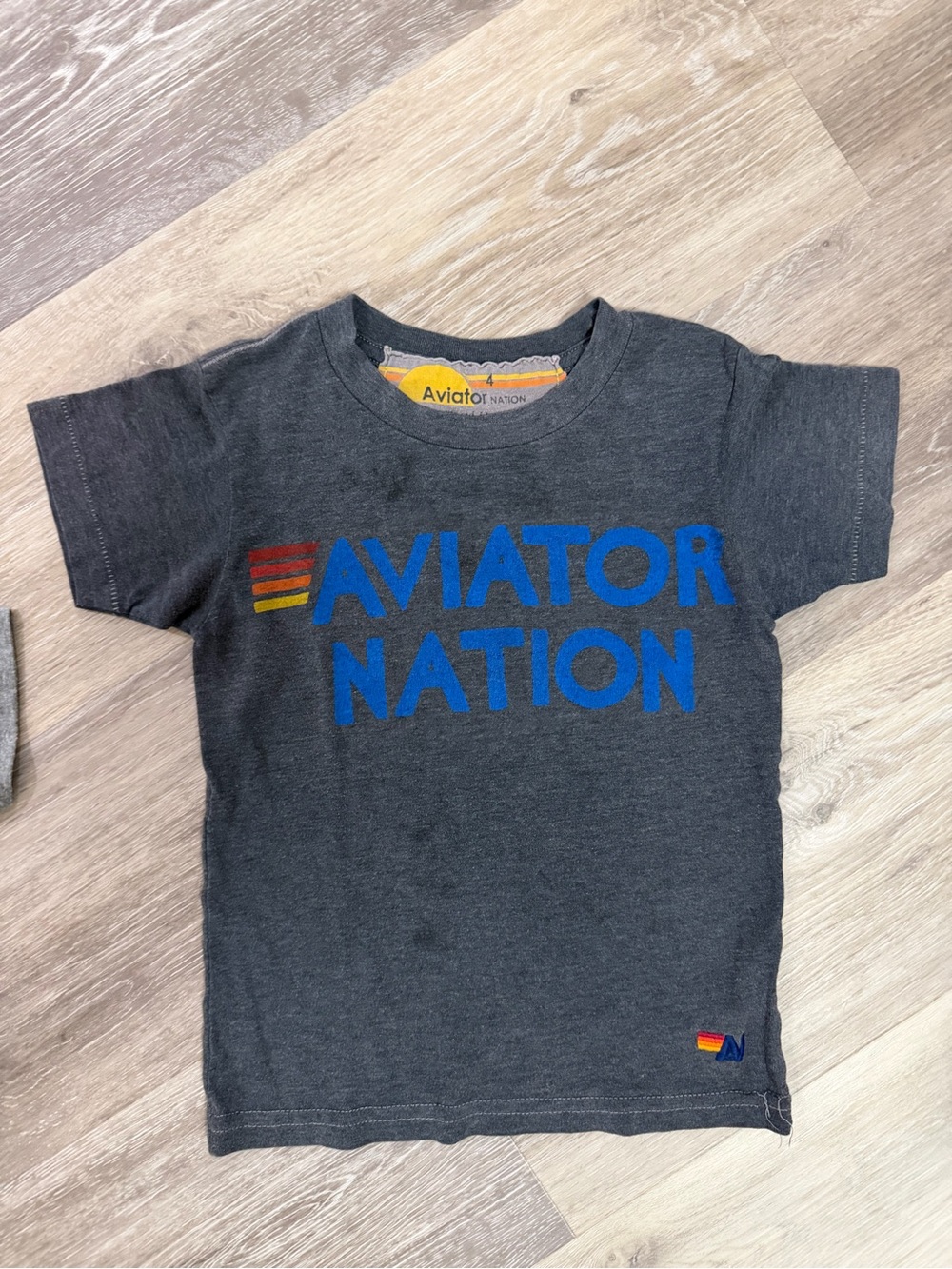 Aviator Nation Kids Charcoal Tee with Blue Logo and Red-Yellow Accent